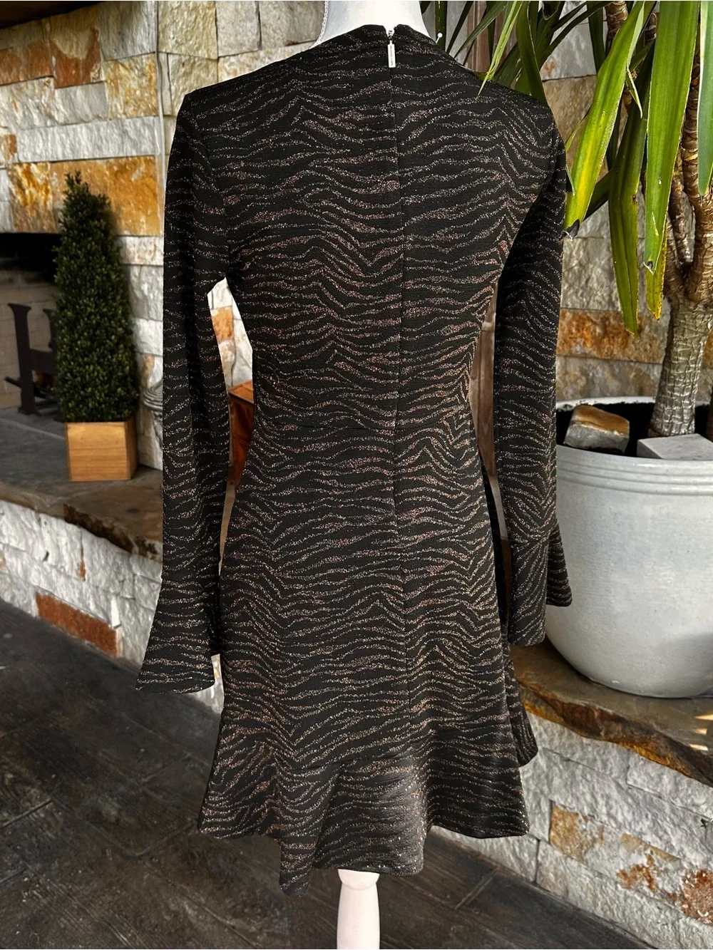 Michael Kors Black Long-Sleeve Metallic Zebra-Print Dress